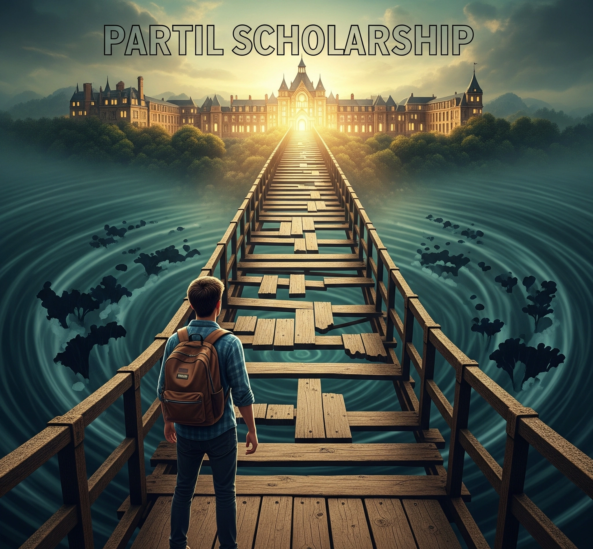 A symbolic image of a partial scholarship as a bridge, connecting a student to a university, with some gaps still visible, representing the remaining financial needs.