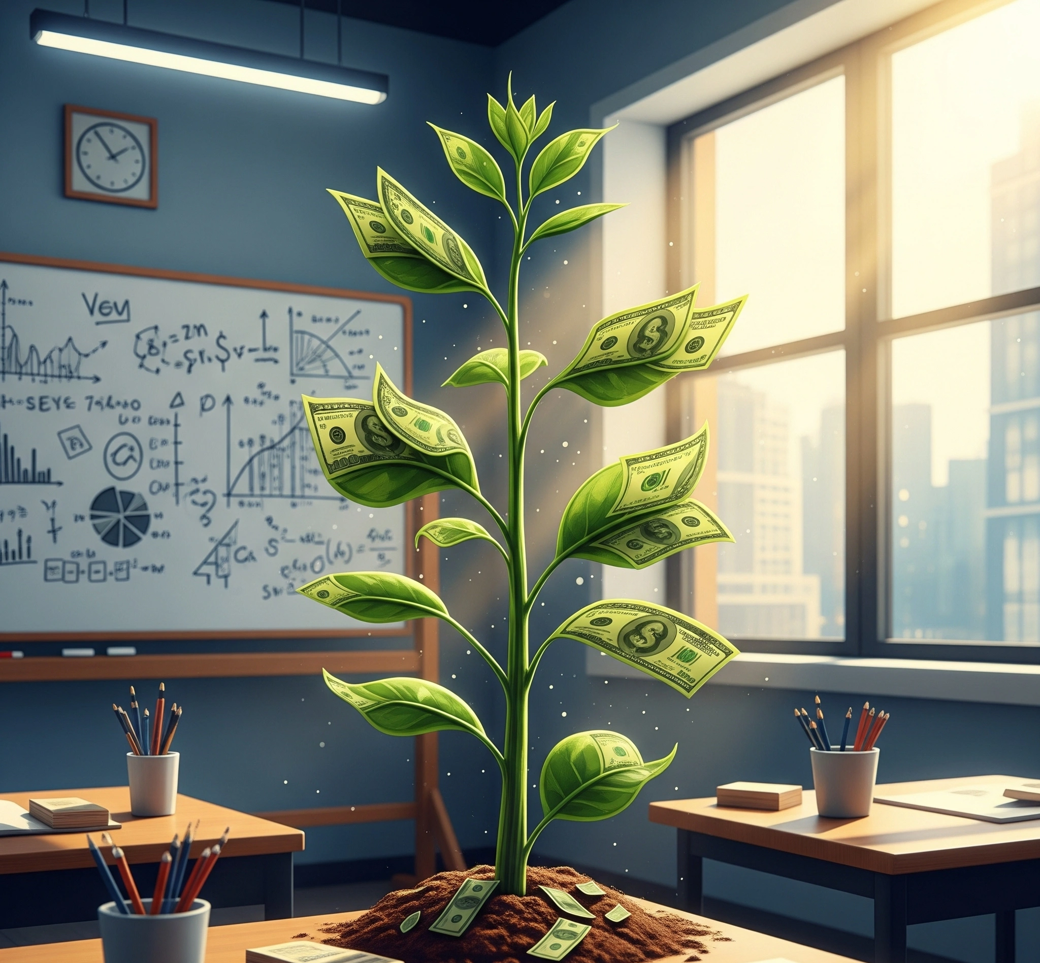 Metaphorical image of a growing plant with money leaves, representing financial growth and opportunity in business education.
