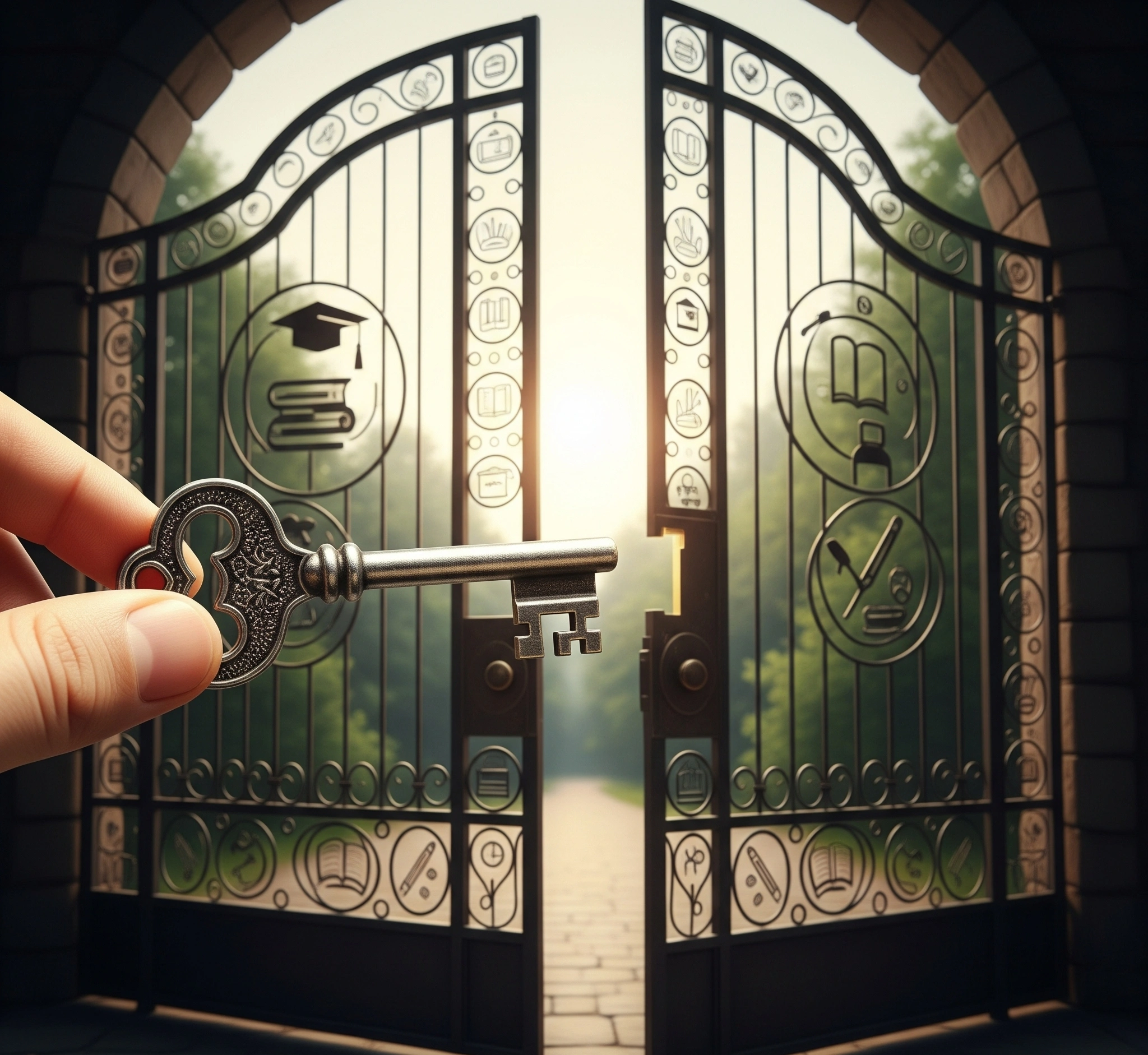 Metaphorical image of a key unlocking a gate, representing access to educational opportunities.