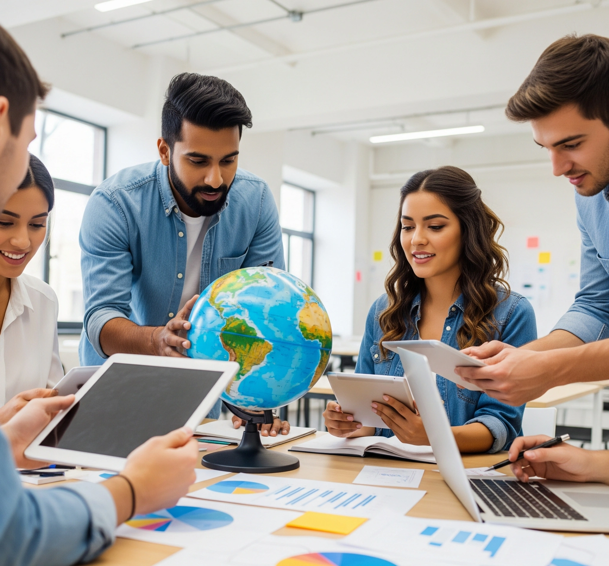 Symbolic image of a diverse group of students collaborating around business charts and a globe, representing global business education.