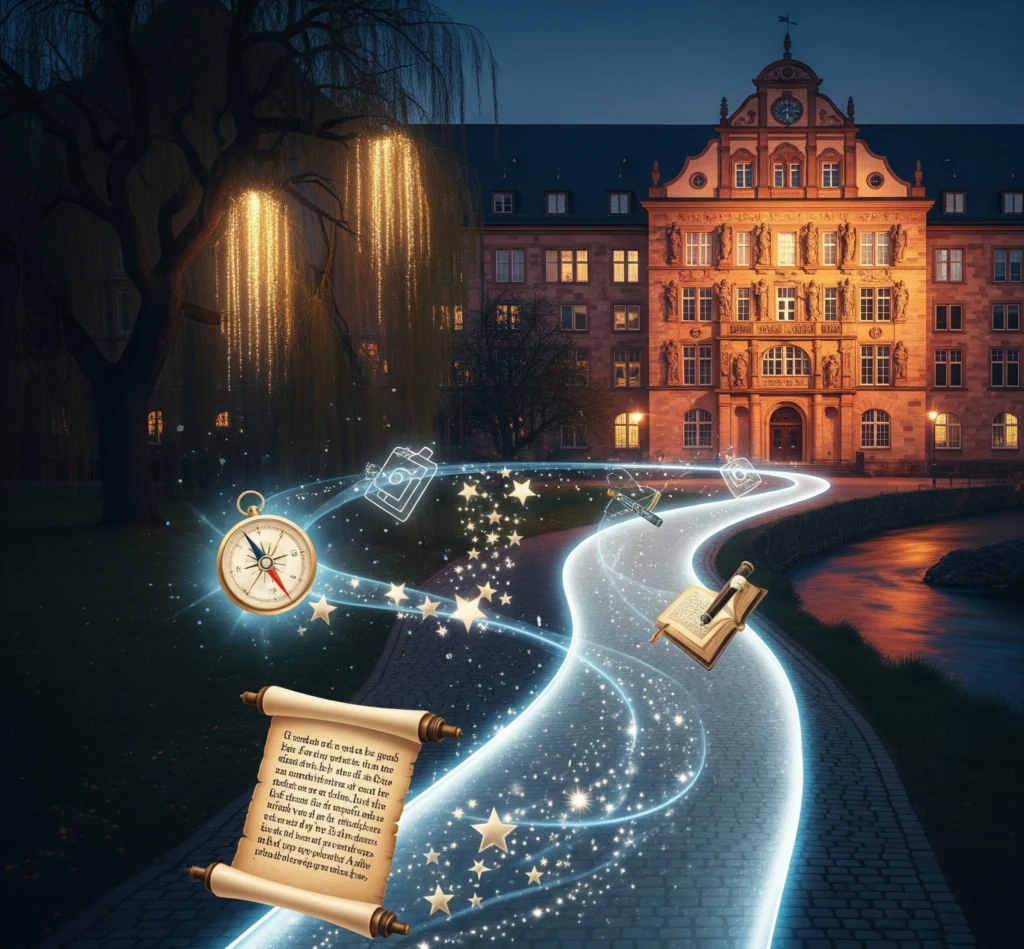 Gambar metafora yang menampilkan jalan yang jelas dan bercahaya yang mengarah ke gedung universitas bergaya Jerman, dengan simbol-simbol beasiswa yang melayang di sepanjang jalan, melambangkan jalur menuju pen