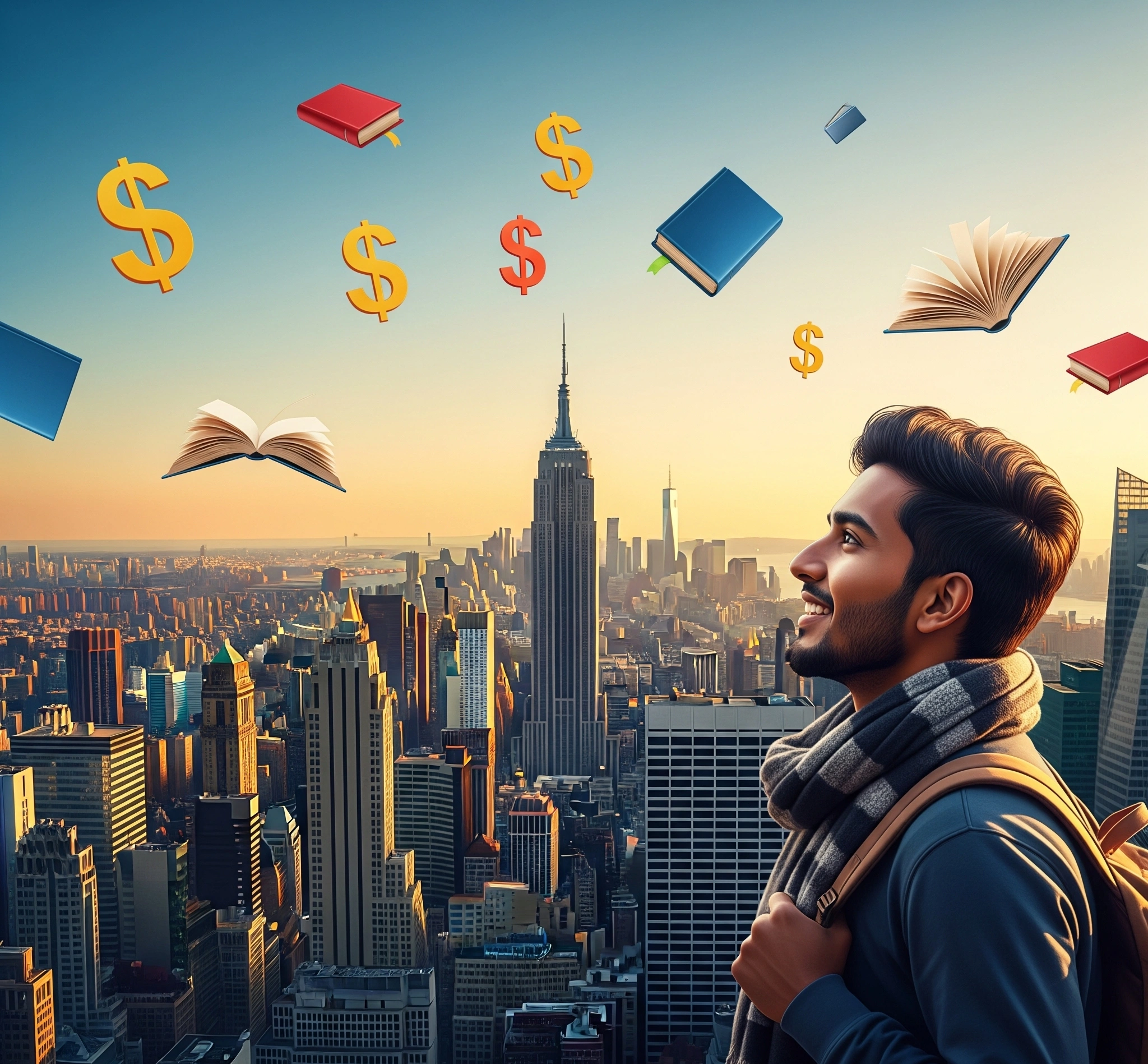 Gambar simbolis yang menampilkan seorang mahasiswa internasional yang sedang melihat cakrawala kota New York yang ikonik, dengan buku-buku dan simbol dolar yang melayang di sekitarnya, melambangkan impian beas