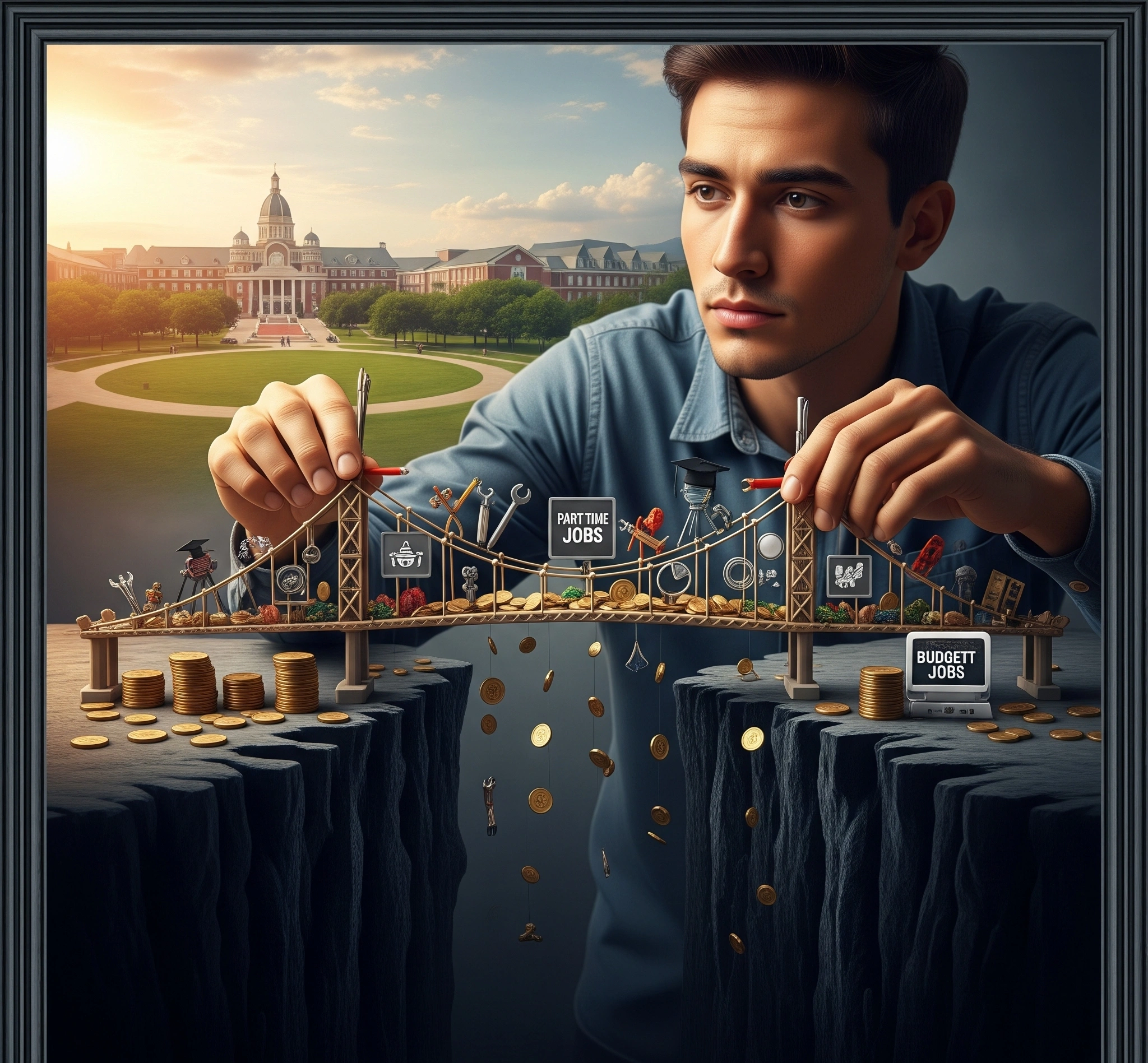 A symbolic image of an international student building a bridge across a financial chasm using various tools and materials like small scholarship coins, part-time job symbols, and budgeting tools, with a univer