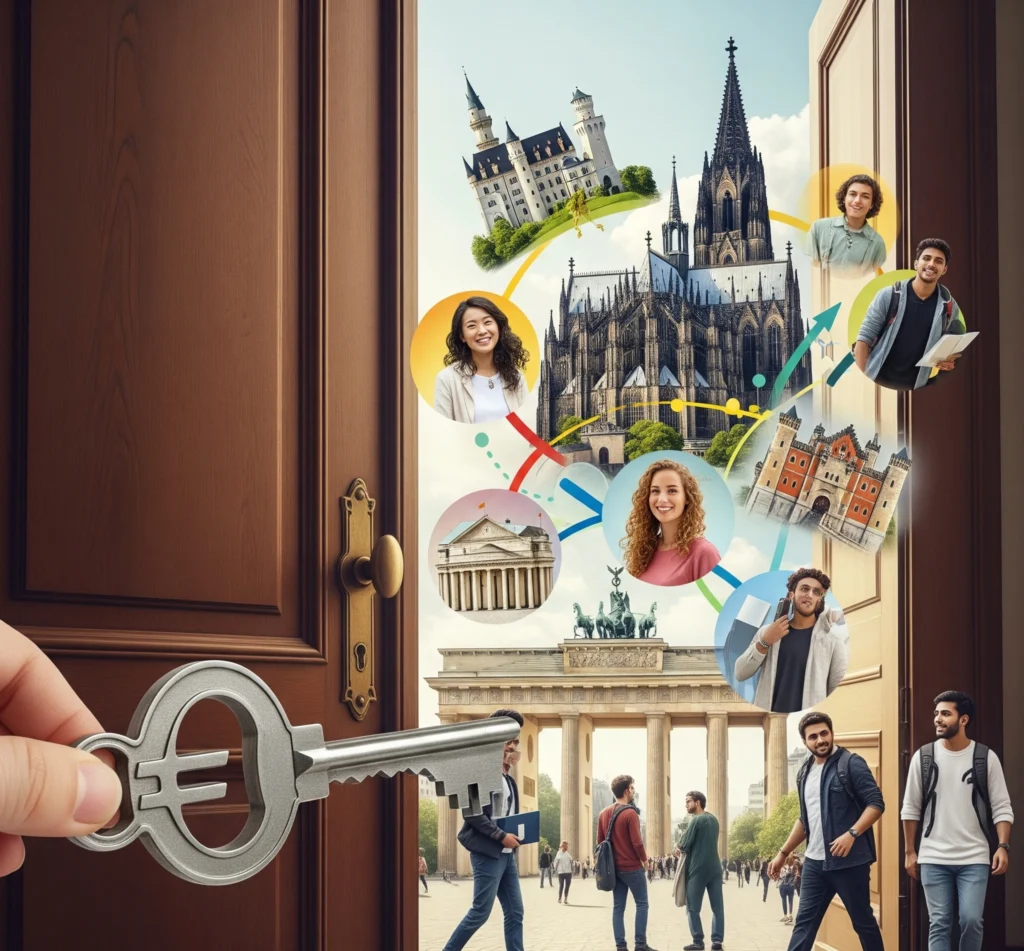 A Euro-shaped key unlocking a door to a vibrant network of international students and German landmarks, symbolizing access to scholarships in Germany.