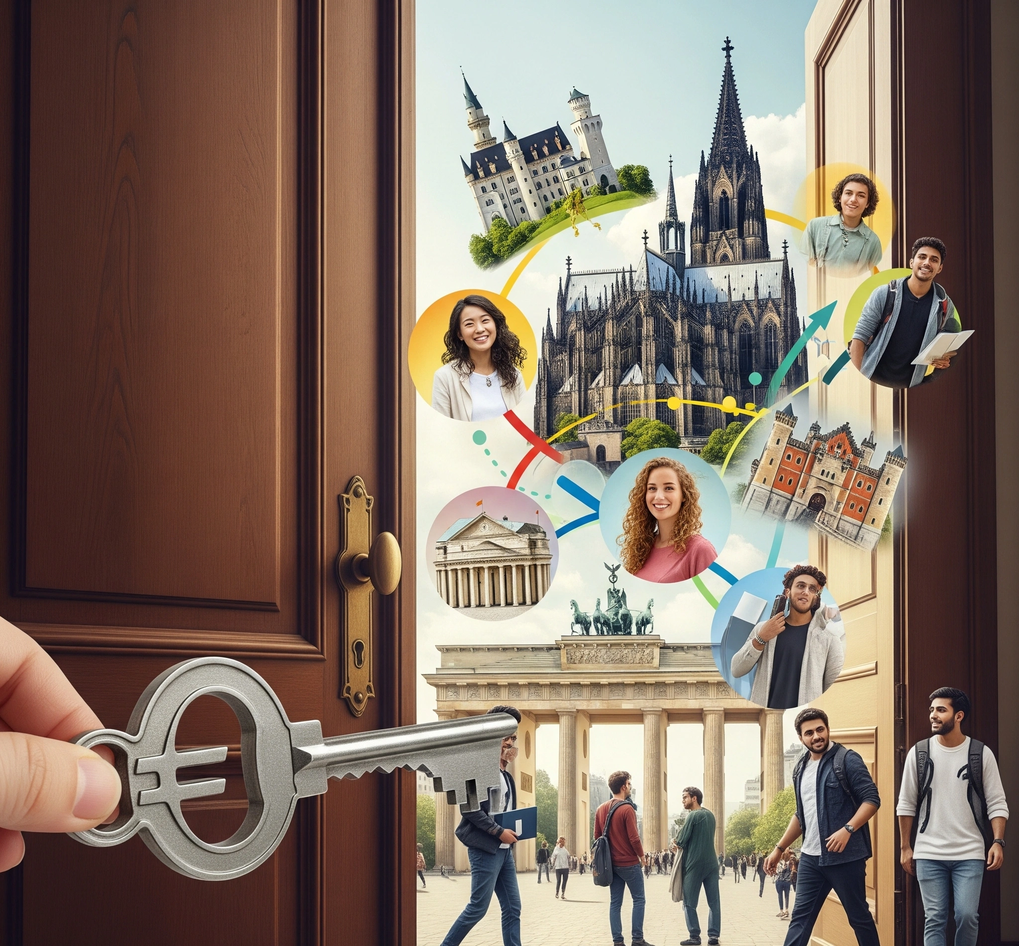 A Euro-shaped key unlocking a door to a vibrant network of international students and German landmarks, symbolizing access to scholarships in Germany.