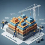 A digital blueprint showing a building under construction, where the foundation is a partial scholarship, and tools are being used to add new layers, symbolizing strategic aid maximization.