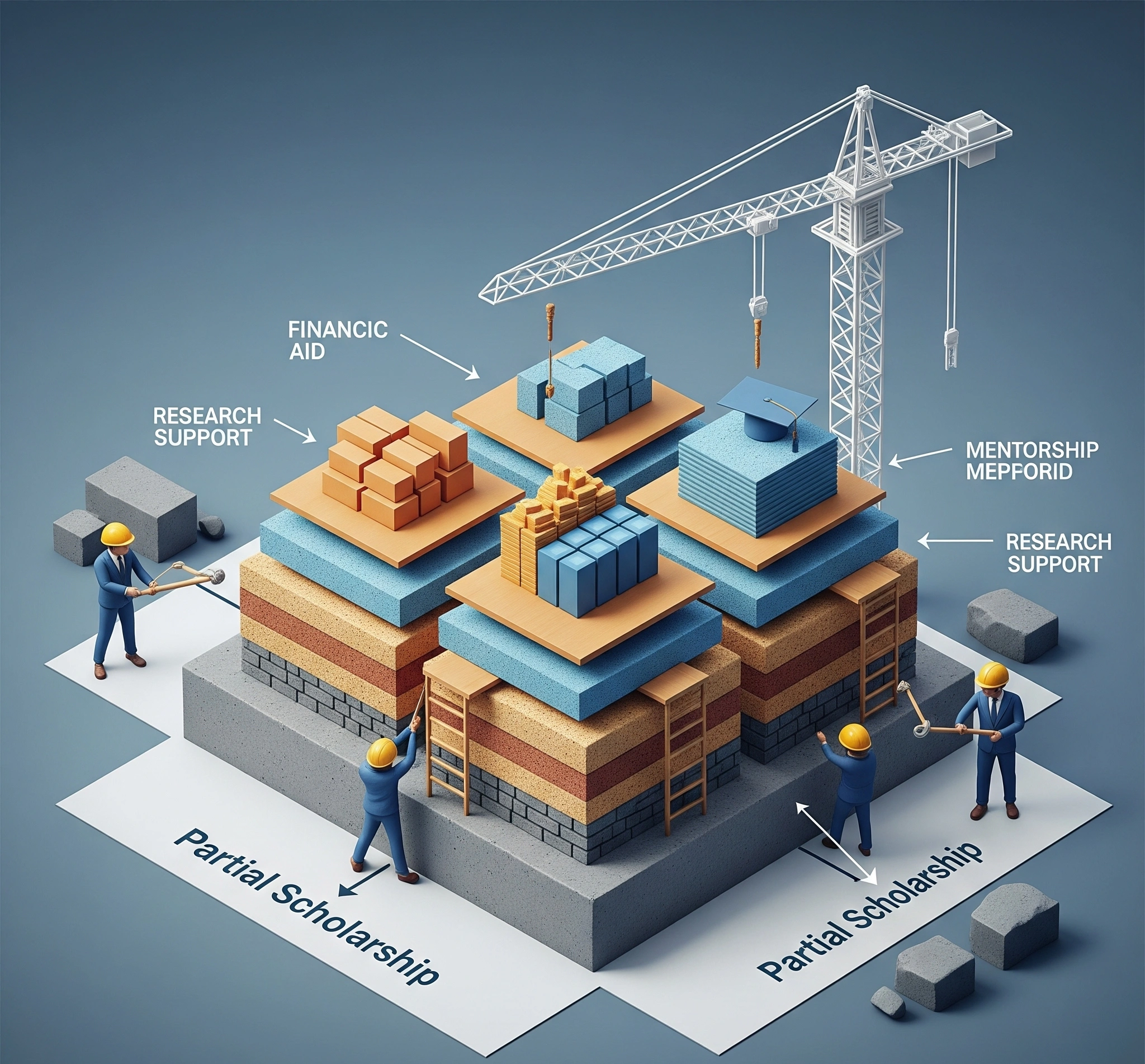 A digital blueprint showing a building under construction, where the foundation is a partial scholarship, and tools are being used to add new layers, symbolizing strategic aid maximization.