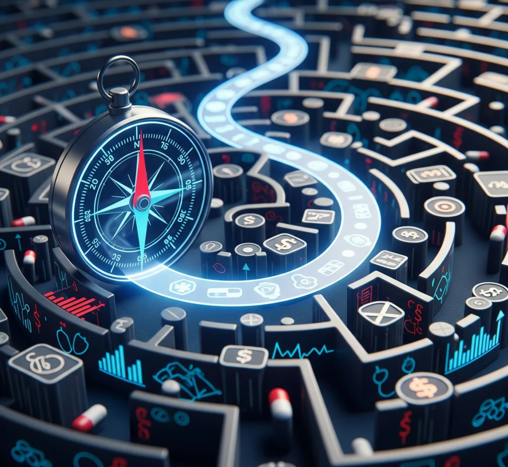 A digital compass guiding a clear path through a complex maze of medical and financial symbols, representing strategic navigation for medical scholarships.