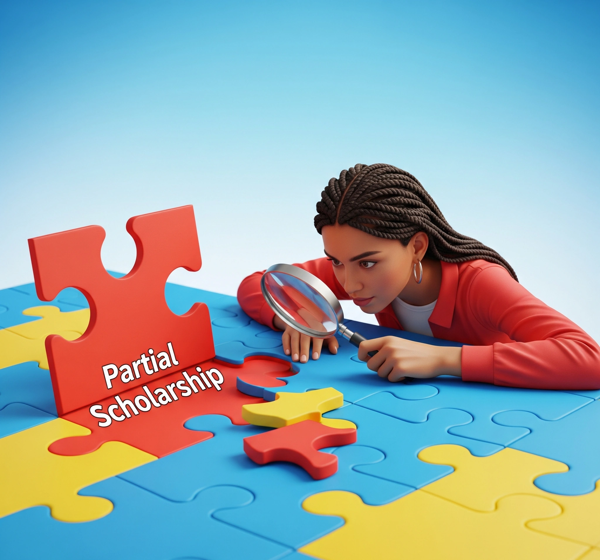 A digital jigsaw puzzle with one major piece (partial scholarship) in place, and a student with a magnifying glass searching for other pieces, symbolizing completing financial aid.