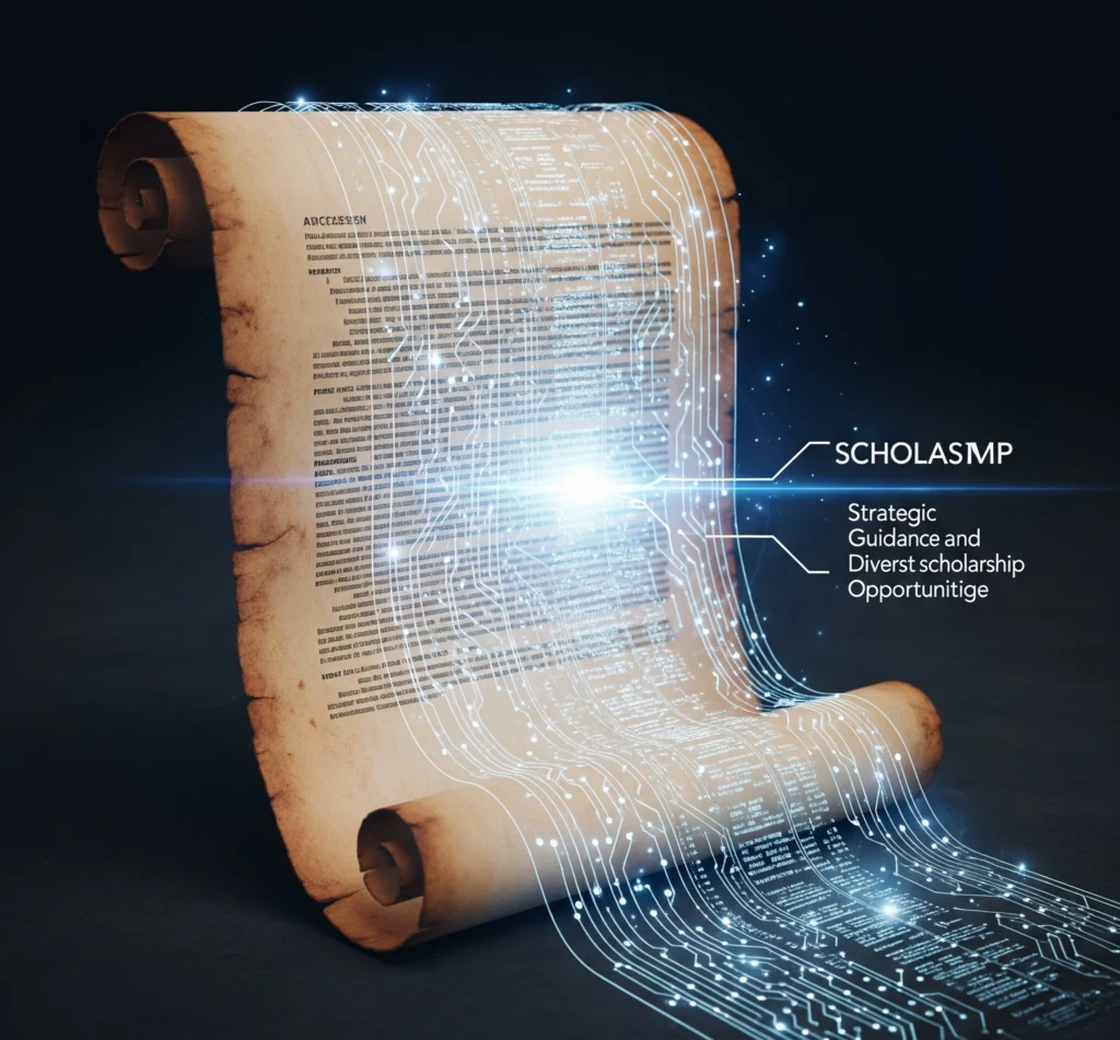 A glowing digital blueprint unfurling from an academic scroll, leading to an illuminated path, symbolizing strategic guidance in navigating STEM scholarship opportunities.