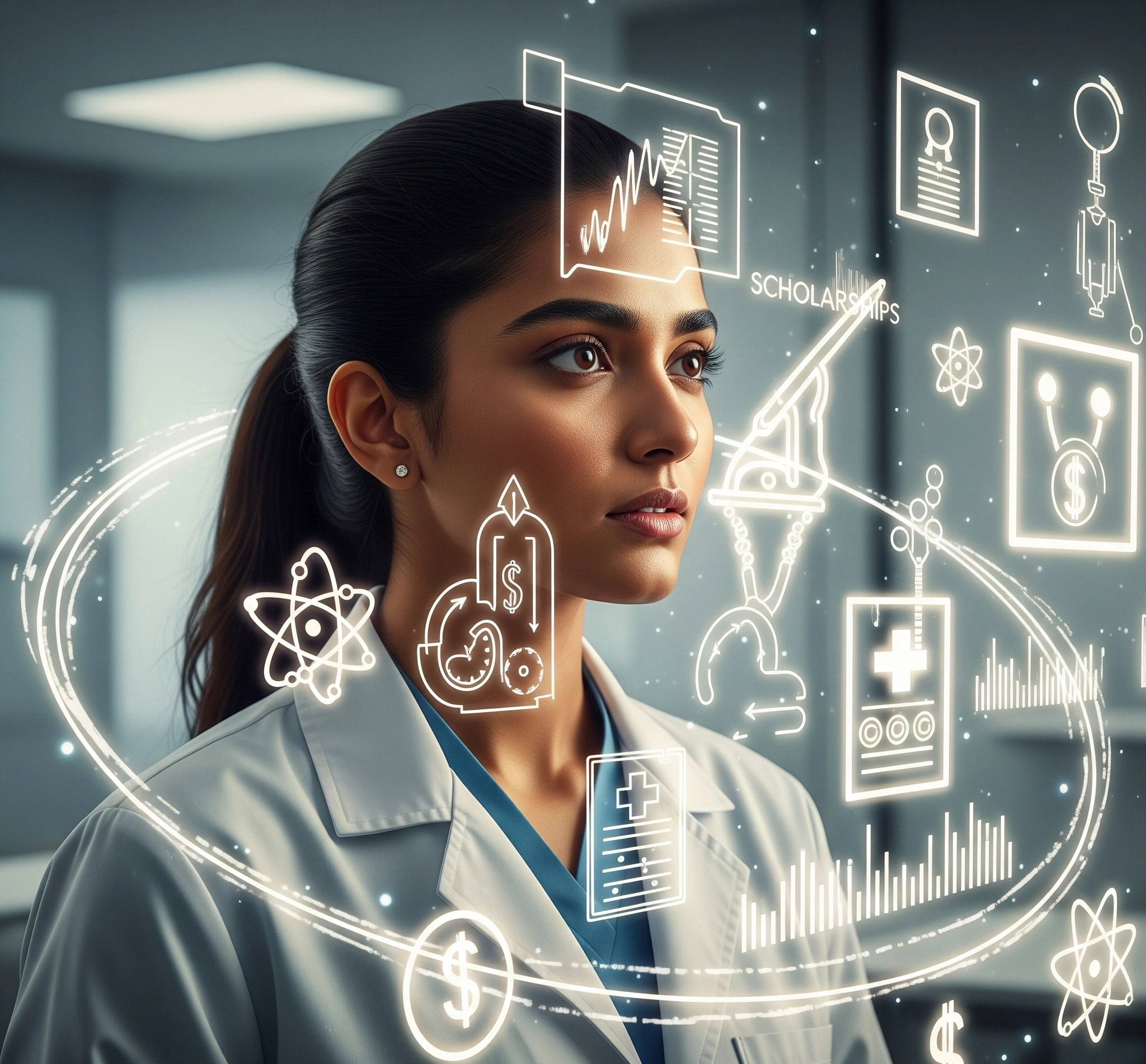 A hopeful image of a medical student looking at glowing symbols of medical science and financial support, representing access to medical scholarships.