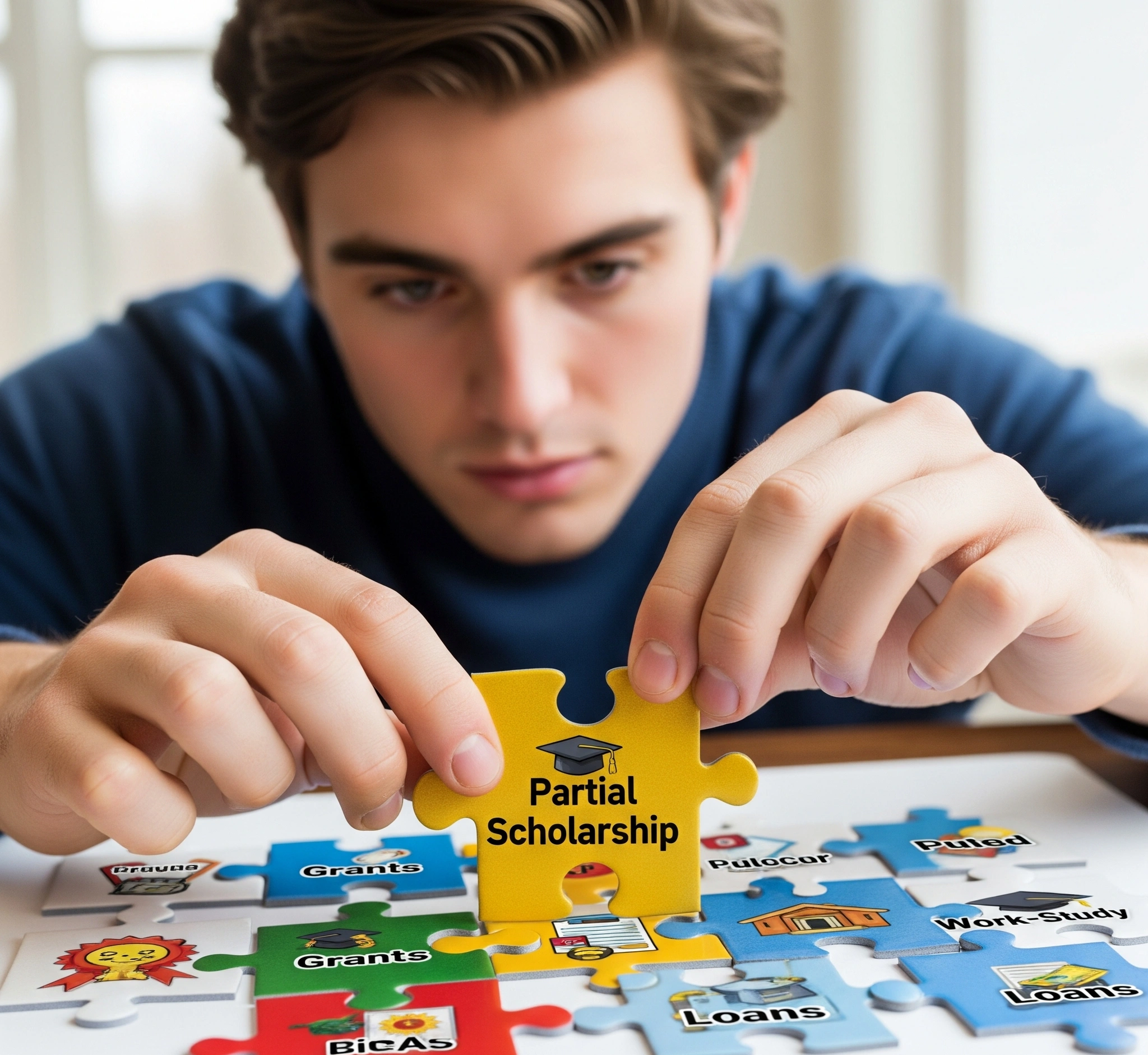 A student assembling a financial aid puzzle, with a partial scholarship as the foundation, symbolizing the strategy to achieve full support.