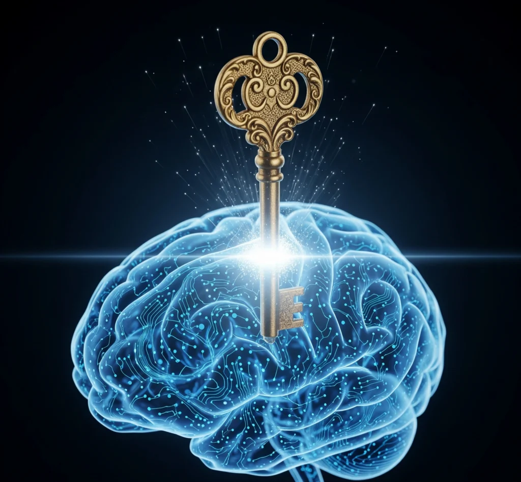 A symbolic image of an antique golden key unlocking a stylized digital brain, representing insight and understanding solving complex problems.
