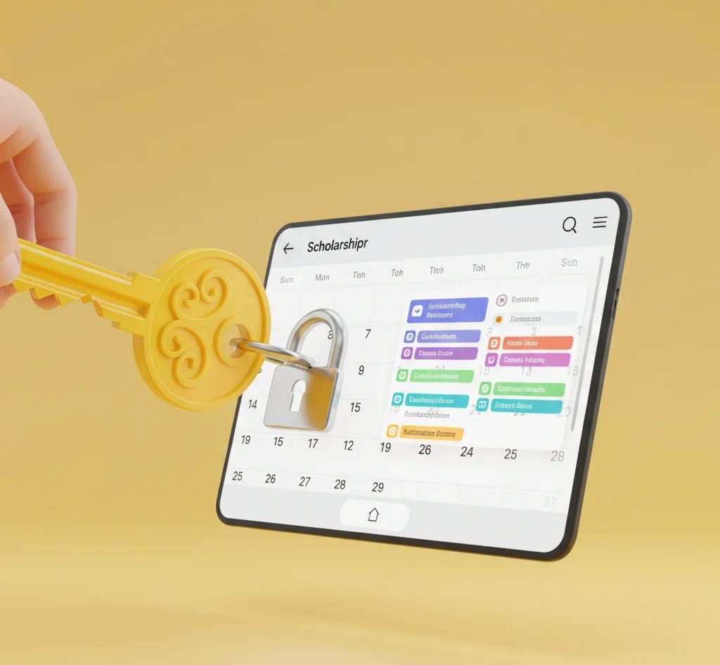 A yellow key unlocking a digital calendar, symbolizing proactive planning for scholarship deadlines.