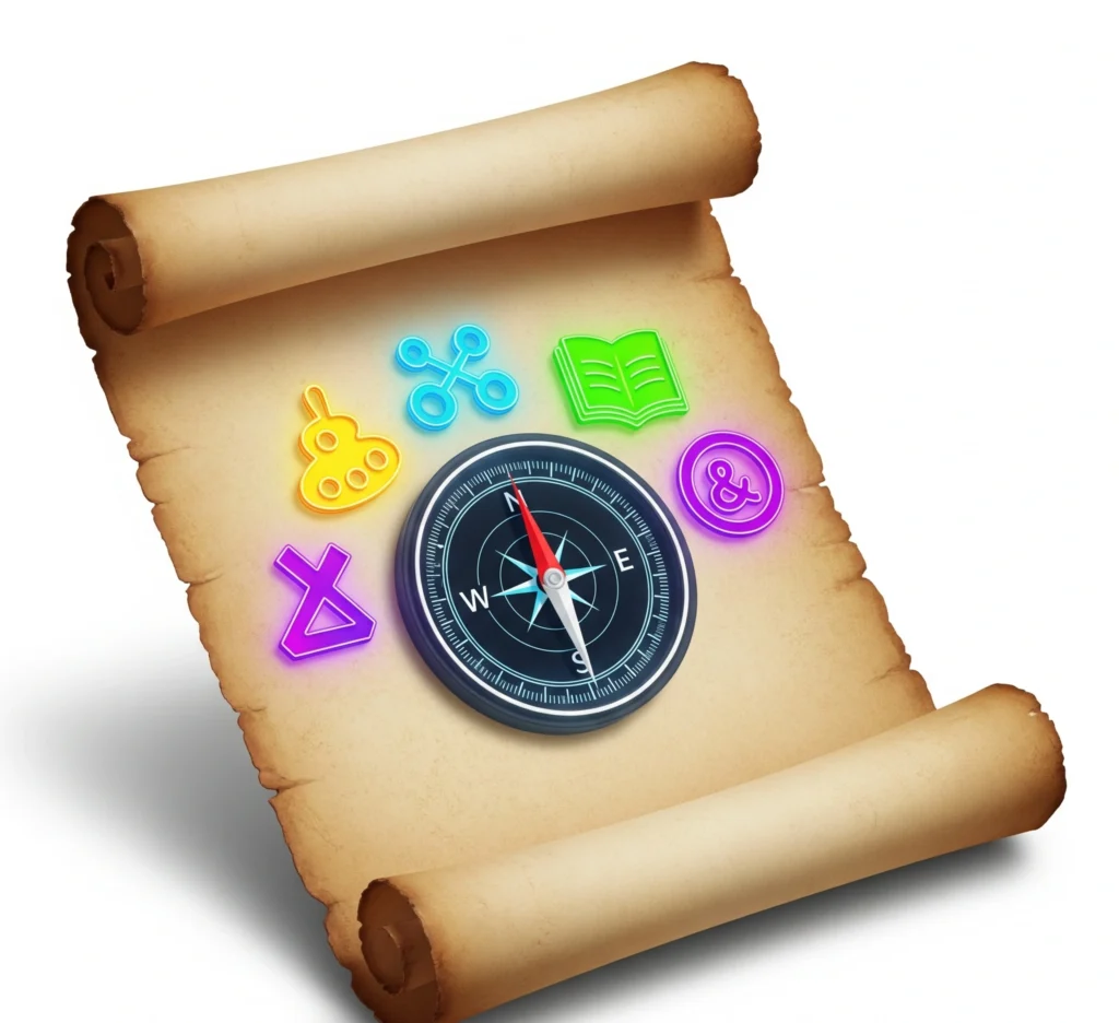 An ancient scroll unfurling to reveal a modern digital compass pointing to glowing artistic symbols, representing focused guidance in arts and humanities funding.