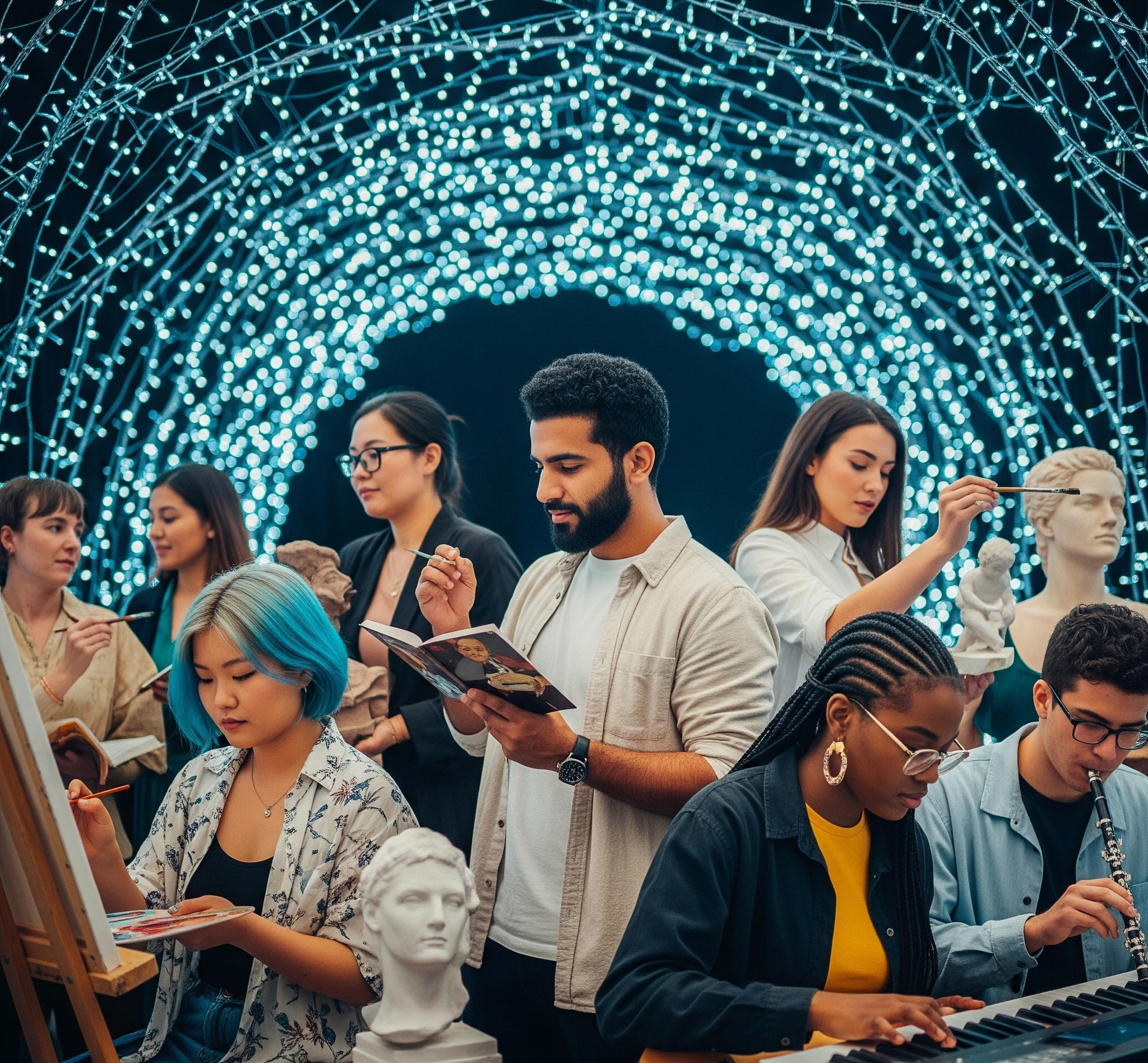 Diverse arts and humanities students engaging in creative activities under a canopy of glowing, interconnected light, symbolizing global funding opportunities.