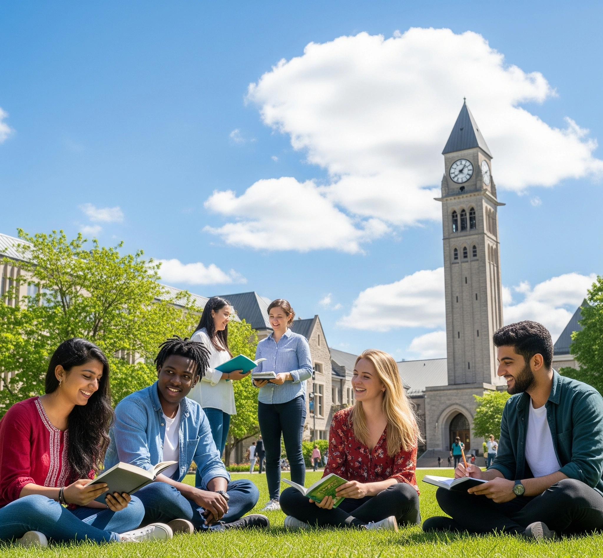 Diverse international students on a sunny Canadian university campus, symbolizing global education opportunities through scholarships.