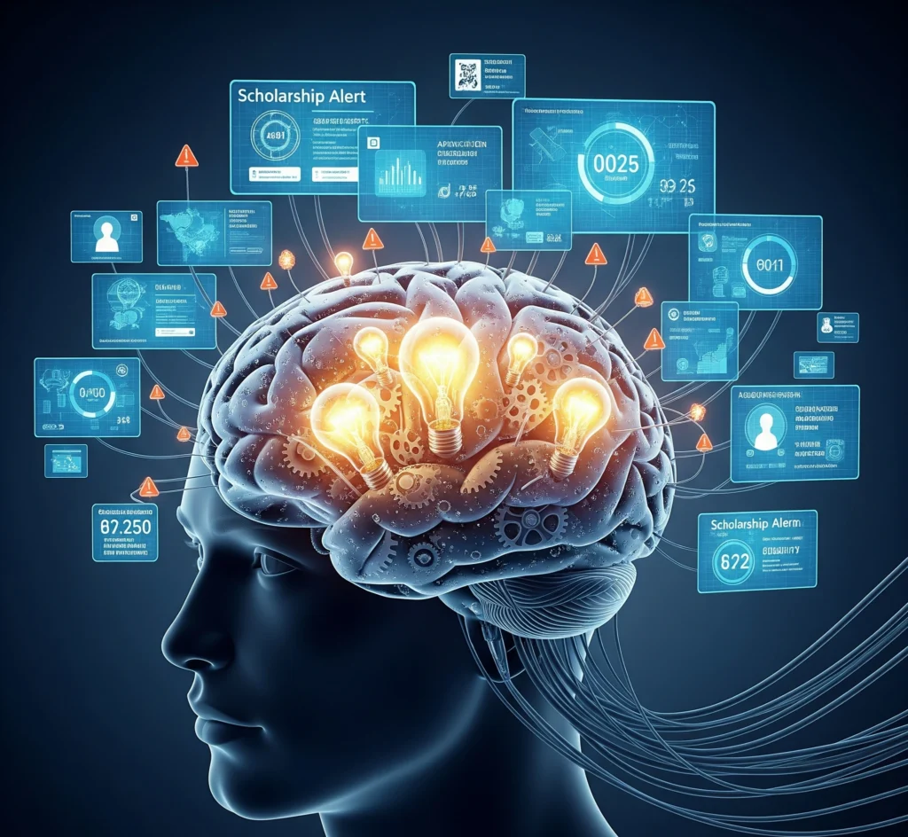 Metaphorical image of a student's brain with gears and lightbulbs, connected to digital screens displaying alerts and notifications, symbolizing an efficient scholarship alert system.