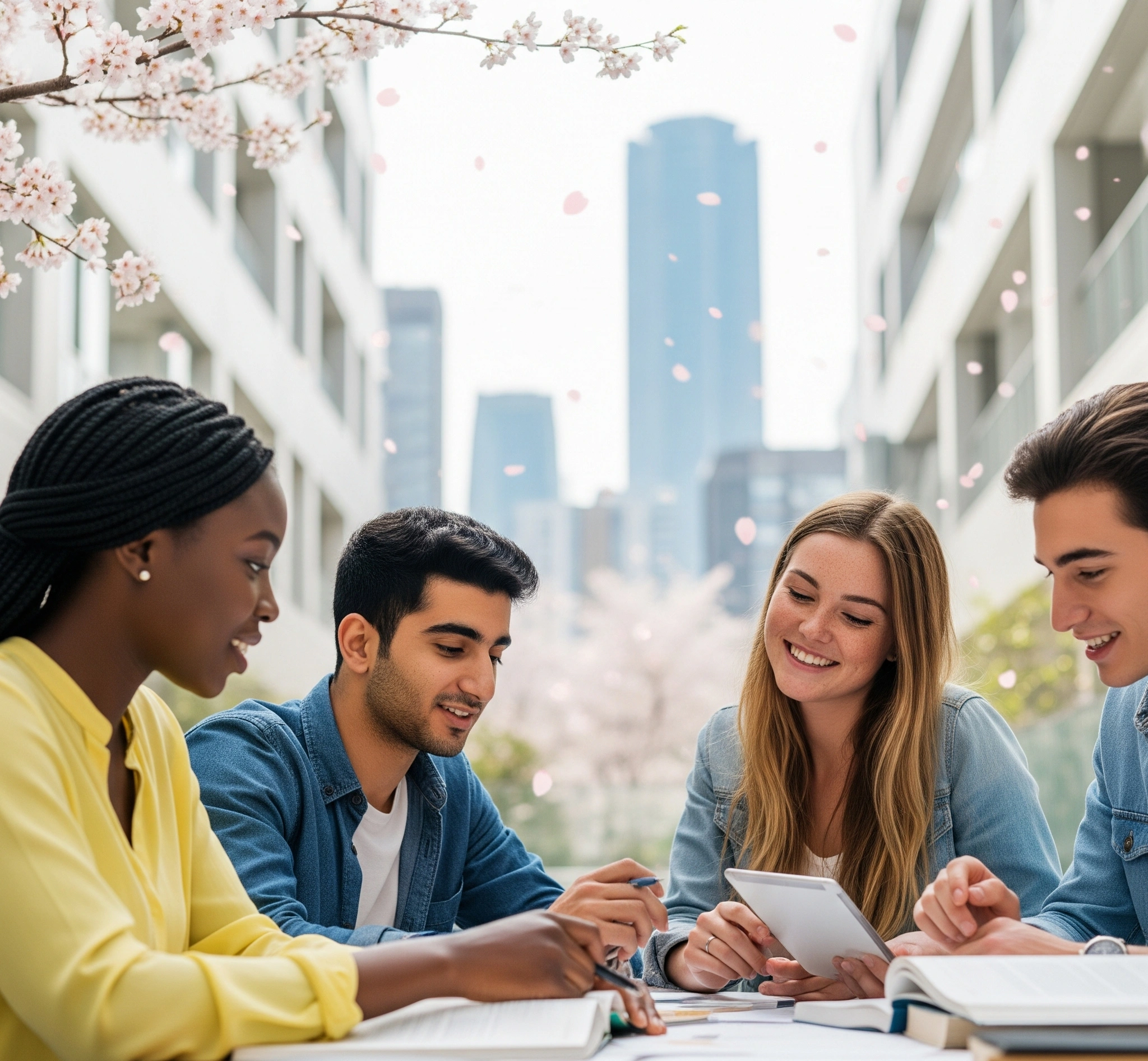 A vibrant, modern image of diverse international students collaborating in a Japanese university setting, with elements of iconic Japanese culture like cherry blossoms and subtle futuristic cityscapes in the b