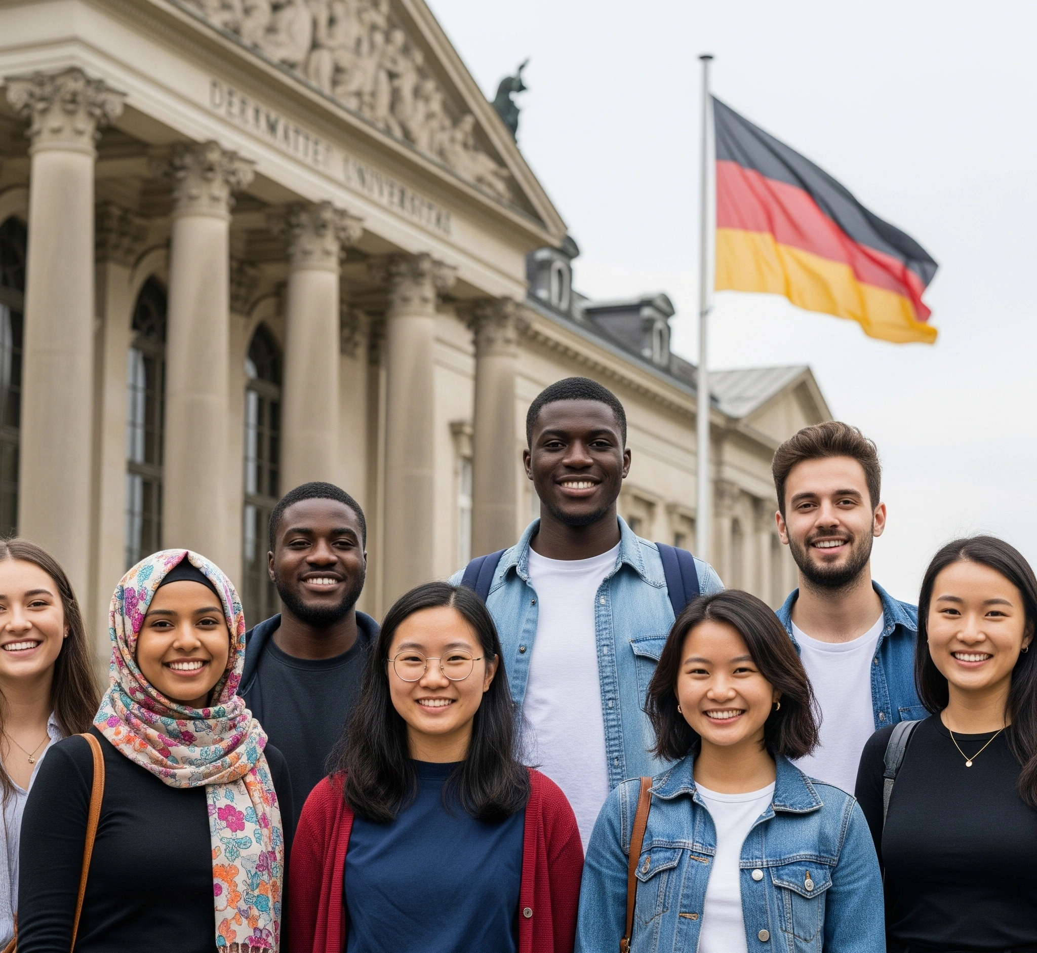 generated image Diverse international students smiling outside a German university, symbolizing scholarship opportunities in Germany.