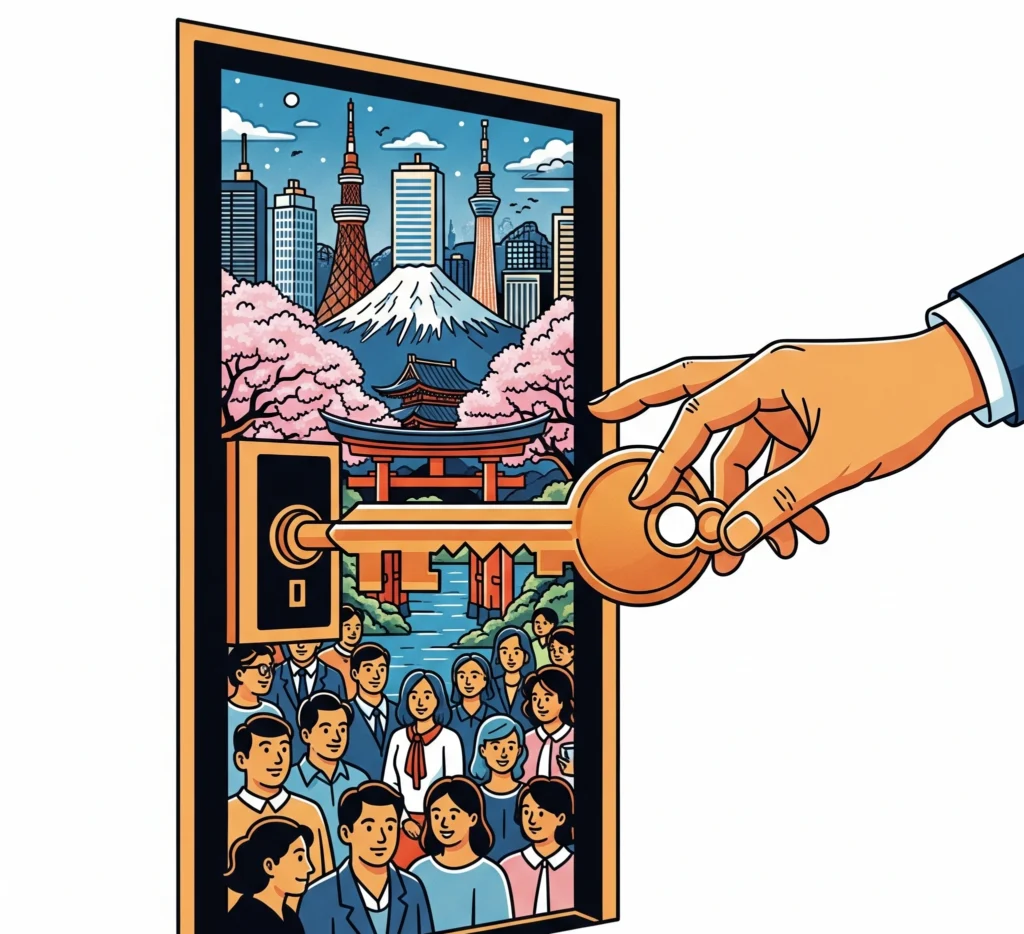 A stylized key shaped like a Japanese torii gate unlocking a door that reveals a vibrant, interconnected network of diverse people and iconic Japanese landmarks (Mount Fuji, cherry blossoms, modern cityscapes)