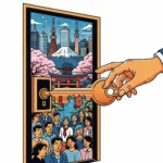 A stylized key shaped like a Japanese torii gate unlocking a door that reveals a vibrant, interconnected network of diverse people and iconic Japanese landmarks (Mount Fuji, cherry blossoms, modern cityscapes)
